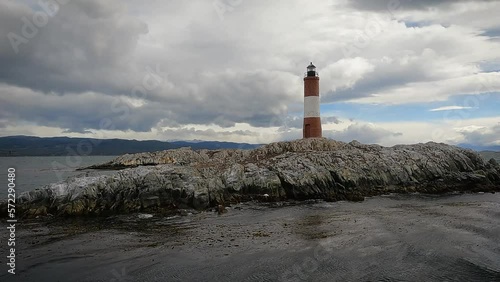 Ushuaia Patagonia Landscape. Red and white lighthouse of Ushuaia on Beagle Channel. Patagonia Argentina. photo