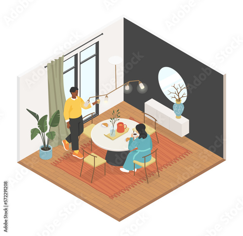 Family breakfast in the living room - vector colorful isometric illustration