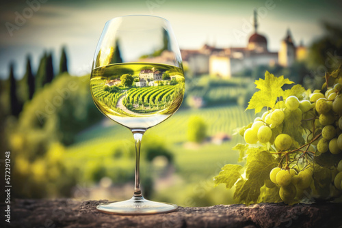 A glass of white wine on the background of vibrant vineyards. Tasting and growing vines for wine materials. AI generative