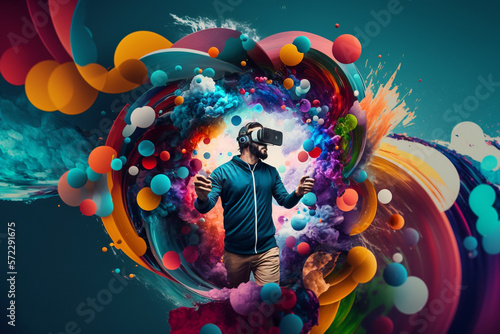 Young man using virtual reality headset. VR glasses, futuristic, technology, online education, education, video game concept. Generative AI.