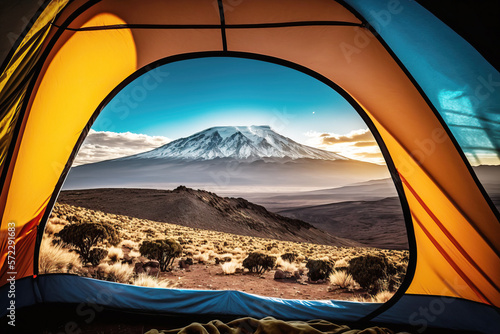 View from the tent of the famous Mount Kilimanjaro, a popular hiking attraction in Africa. AI generative photo