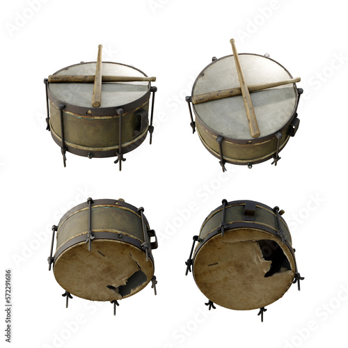 3d rendering of old brown drum broken and dirty from perspective view