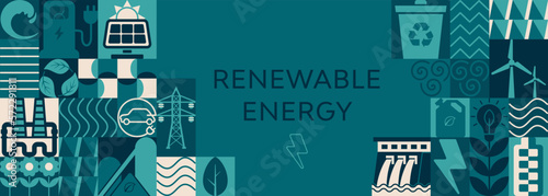 Simple geometric shapes in the Nature and Renewable Energy emblem banner. Green Energy, recycling and Natural Resource Conservation. Set of vector illustrations. Background images for poster, flyer.