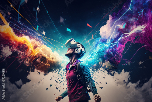 Young man using virtual reality headset. VR glasses, futuristic, technology, online education, education, video game concept. Generative AI. © Gassenee