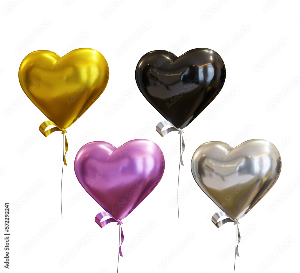 3d rendering of shiny love balloons gold pink metal silver glossy black