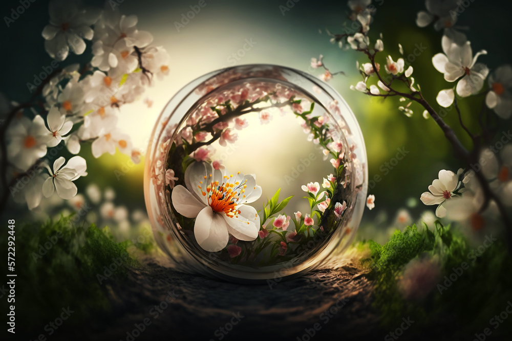 concept photo of new life, blossoming in glass sphere, generated ai