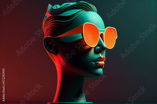  stylish mannequin head in sunglasses on podium, generated ai