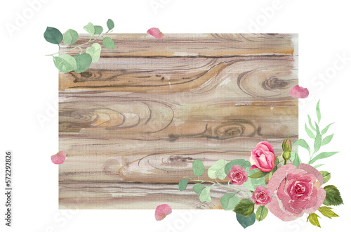 Watercolor roses and petals on rustic wooden background.