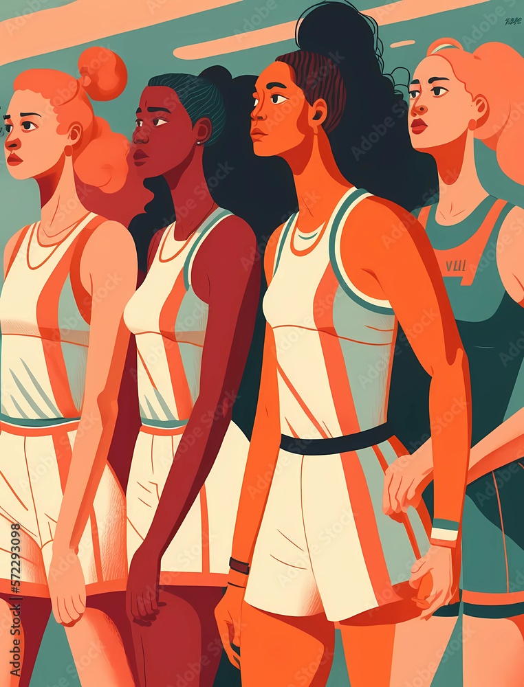 an illustration of sporty women standing next to one another for women's month celebration created by generative AI an illustration of sporty women standing next to one another for women's month celebration created by generative AI