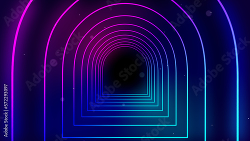 Fototapeta Naklejka Na Ścianę i Meble -  Abstract Futuristic Blue Red Glowing Light Round Tunnel Neon Lines With Glitter Bokeh Particles On Black Background