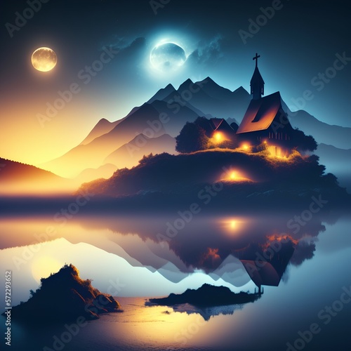 Night fantasy landscape with abstract mountains and island on the water, wooden house on the shore, church, moonlight, fog, night lamp - generative ai
