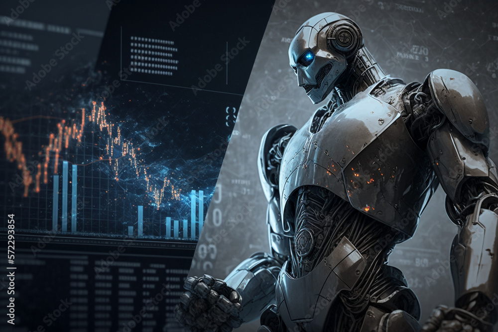 Naklejka premium Future business 3d technology robot and stock chart traders, stock chart analysis to beat the market. Generative AI.