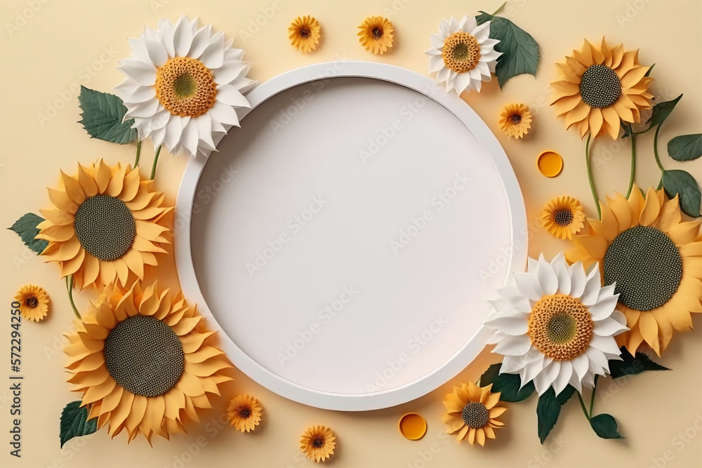 Fototapeta premium Empty round frame with sunflowers flowers, flat lay. Display abstract minimal podium product package mock up presentation. Generative AI