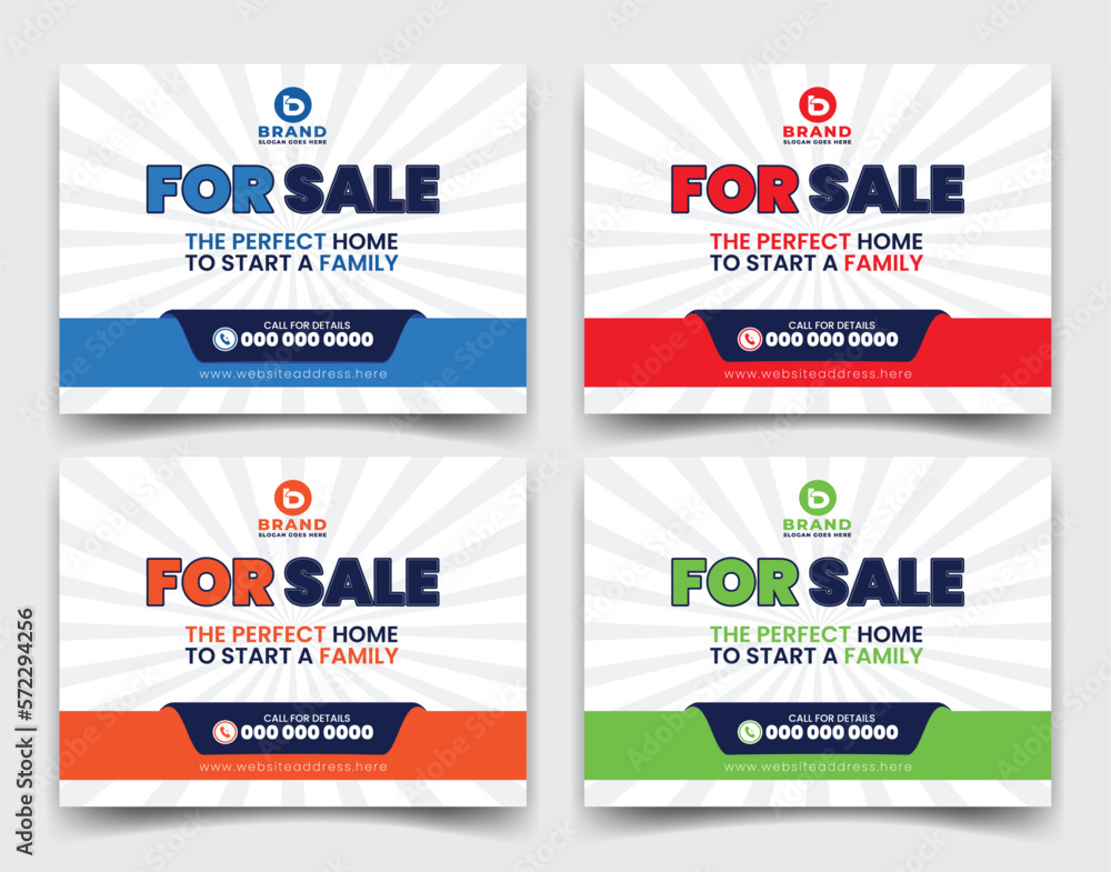 Home sale business real estate company ads, yard sign, signage design vector template for outdoor advertising multiple color concept red, green, blue and orange - obrazy, fototapety, plakaty 