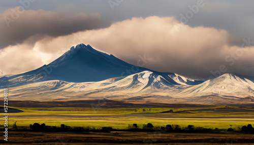 Hekla volcano. Snowy mountains among the green field. Imitation of oil painting. AI-generated photo