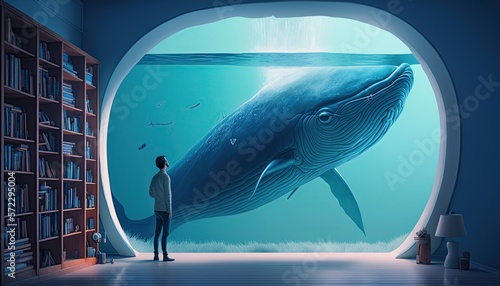 Fotografiet Man in a room with a huge blue whale in a giant aquarium