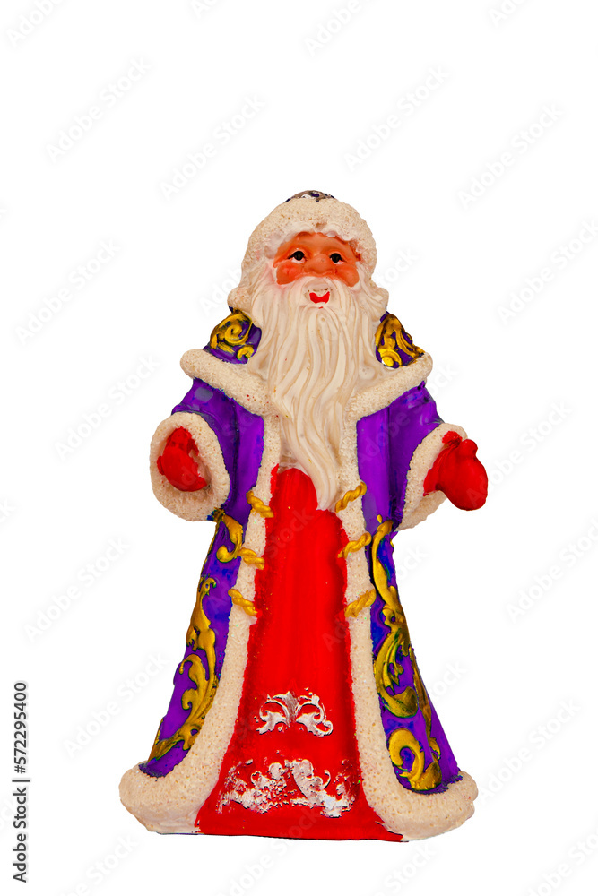 Christmas card with Santa Claus, Snow Maiden.pine and Christmas tree. cones and accessories. tinsel.A statuette of Santa Claus.Toys for the Christmas tree. Space for text.On a white background
