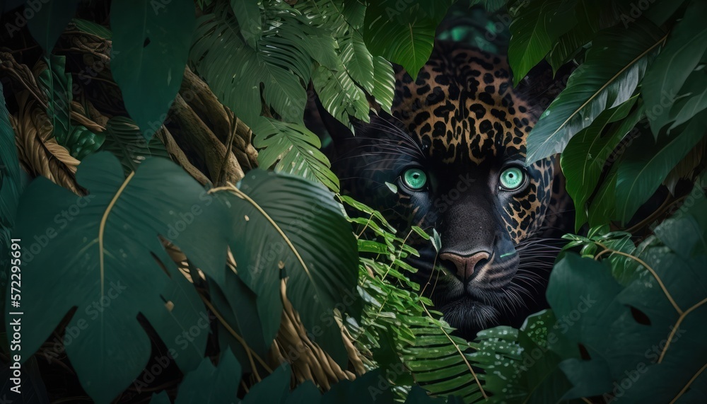 Leopardo escondido en la jungla, creado con IA generativa - obrazy, fototapety, plakaty 