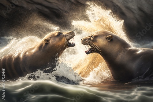 Fotografía profesional leones marinos peleando en la orilla del mar, fotografía editorial, creado con IA generativa