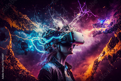 Young man using virtual reality headset. VR glasses, futuristic, technology, online education, education, video game concept. Generative AI.