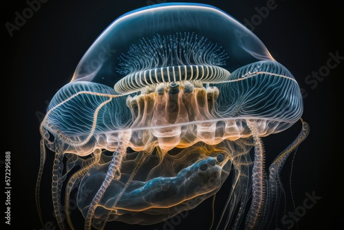 Preciosa medusa gigante, animal venenoso en el océano, alta definición, creado con IA generativa