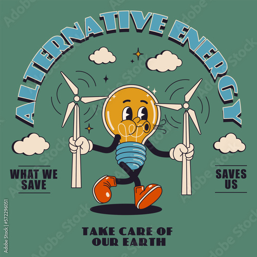  Save the planet sticker in trendy retro cartoon style. Ecology and zero waste. Eco friendly quotes, green renewable energy, alternative energy. Vector illustration in flat cartoon style