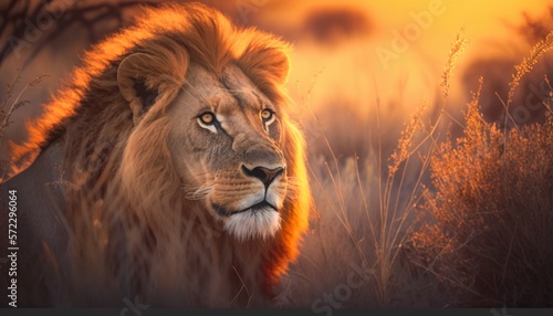 Fotografía profesional león en la sabana al atardecer, León macho, rey de la naturaleza, creado con IA generativa photo