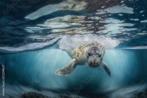 Foca nadando en las aguas heladas de la Antártida, leon marino en el hielo, creado con IA generativa 