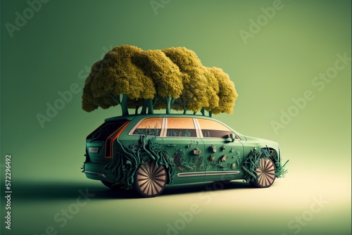 Coche propulsado con energías renovables, coche eléctrico con energías limpias, ecología y automoción, creado con IA generativa photo