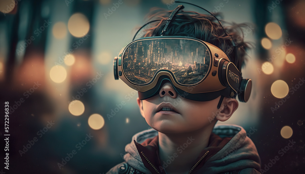 Young Kid Boy Is Looking Trough A Virtual Reality Glasses - Generative AI Young Kid Boy Is Looking Trough A Virtual Reality Glasses - Generative AI