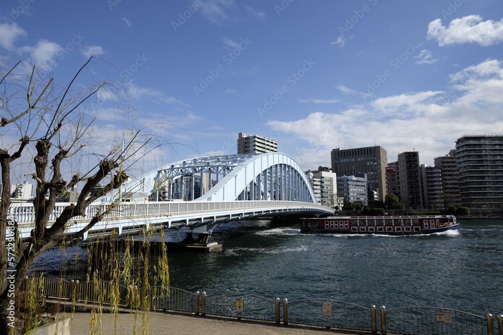 Naklejka premium 墨田川に架かる国の重要文化財【永代橋（えいたい橋）】と、その下をゆく水上バス