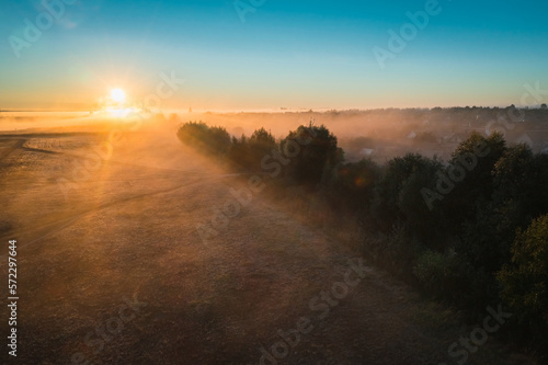 Beautiful sunrise on autumn morning with picturesque fog of trees and elephant on horizon