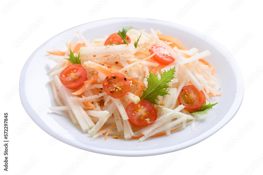 Healthy salad with sliced kohlrabi, carrot, tomato and mizuna leaf, Vegan food Healthy salad with sliced kohlrabi, carrot, tomato and mizuna leaf, Vegan food