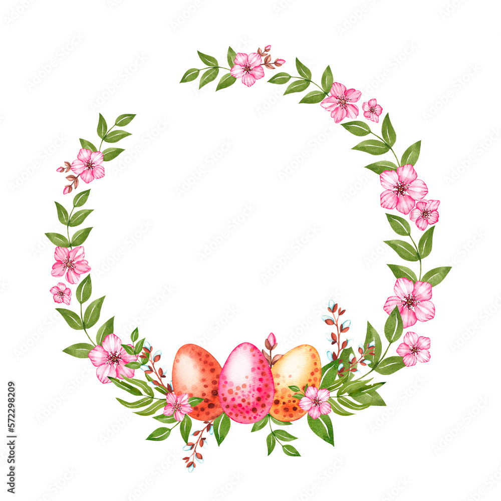 Watercolor Easter wreath of eggs and flowers on a white background