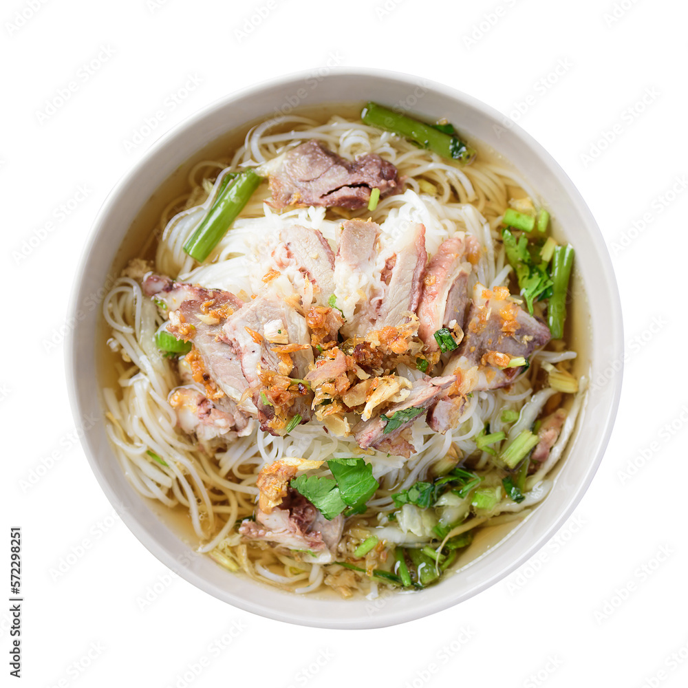 Thai rice noodle soup with beef in bowl Thai rice noodle soup with beef in bowl