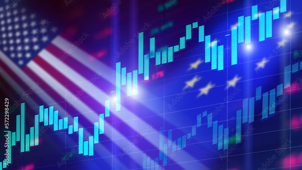 A Stock market background with USA and European Union Flags and Rising market charts A Stock market background with USA and European Union Flags and Rising market charts