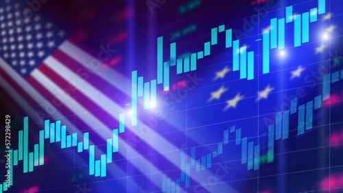 A Stock market background with USA and European Union Flags and Rising market charts