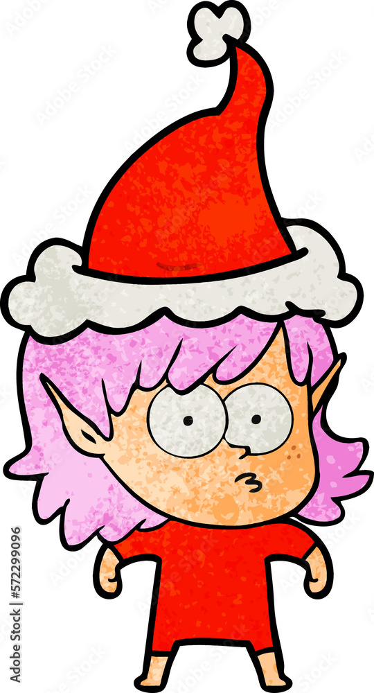 Fototapeta premium textured cartoon of a elf girl staring wearing santa hat