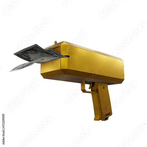 3d rendering of gold golden money gun from perspective view
