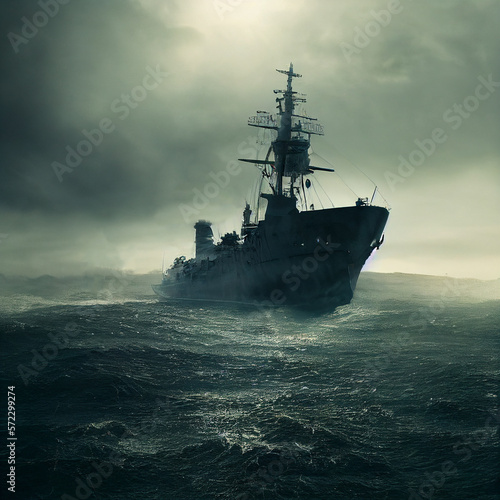 Warship with lowered sails during a storm. 3D illustration