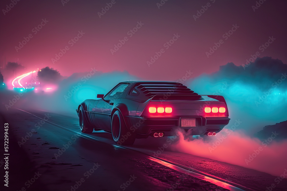 Illustration of a 80s style vaporwave retro futuristic supercar in a blue and pink neon cyber digital Miami city .Generative AI