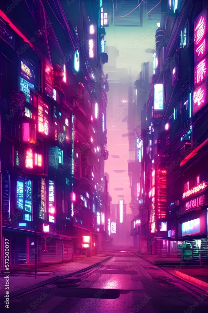 Photo realistic 3d illustration of futuristic city in cyberpunk style. Empty street with neon lights. Beautiful night city view. grunge urban landscape - generative ai