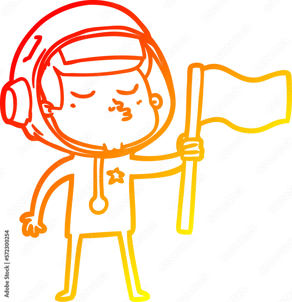warm gradient line drawing cartoon confident astronaut waving flag warm gradient line drawing cartoon confident astronaut waving flag