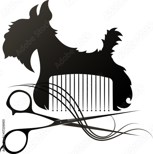 Black dog scissors and groomer comb. Animal care grooming and washing