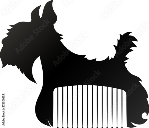Black dog silhouette in the form of a comb of a groomer. Animal care grooming and washing