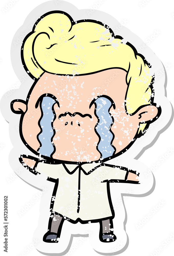 distressed sticker of a cartoon man crying distressed sticker of a cartoon man crying