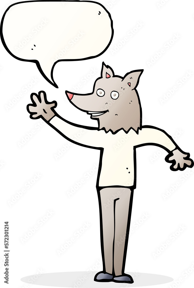 Fototapeta premium cartoon waving wolf man with speech bubble