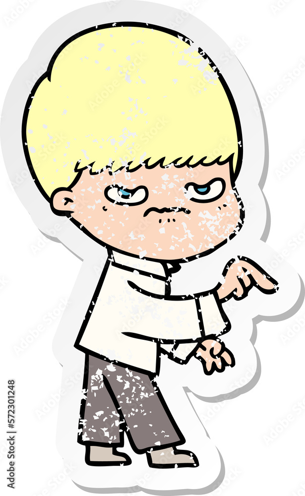 distressed sticker of a annoyed cartoon boy distressed sticker of a annoyed cartoon boy