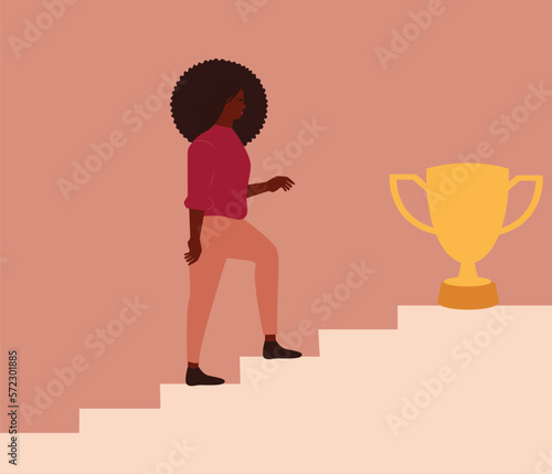 African American woman climbs up the stairs to reach her objective or prize. Businesswoman goes up the staircase to get the trophy. Black community, gender equality and women empowerment concept.