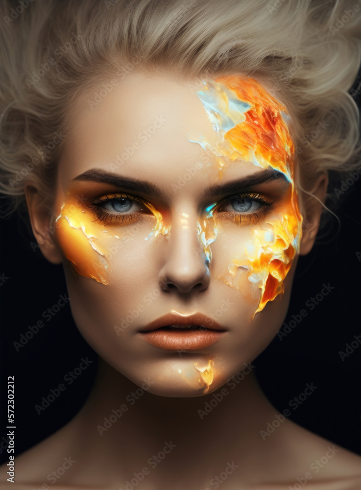 Modelo de maquillaje estetica anaranjada, estilo kitsch naranja y azul, maquillaje profesional, creado con IA generativa